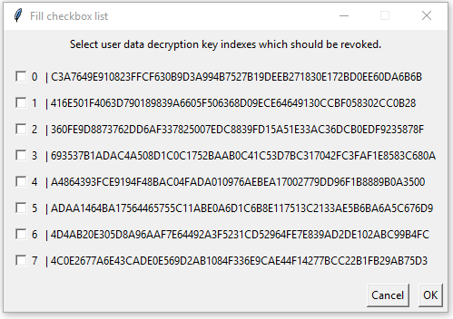 'Revoking Product Keys - Selecting User Data Keys'
